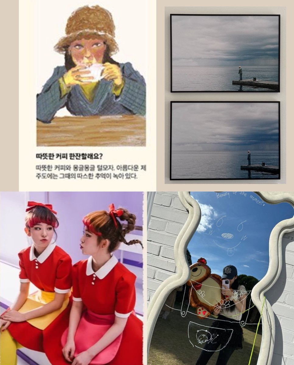 nancehog's tweet image. 康瑟琪在首次藝術poster book當中
畫了和🐰姐姐一起去過的濟州島

康瑟琪說 在第一次攝影展
和🐰姐姐一起拍的照（DD時期）很有意義

作為YouTuber 的人生九格照
康瑟琪把🐰姐姐的照片放進去

（p.s. 右上角釣翁照是🐻在斯洛維尼亞時拍的 
也是她決定要辦展的關鍵
🐰當時也說她看到了同樣的景色…）

🧐