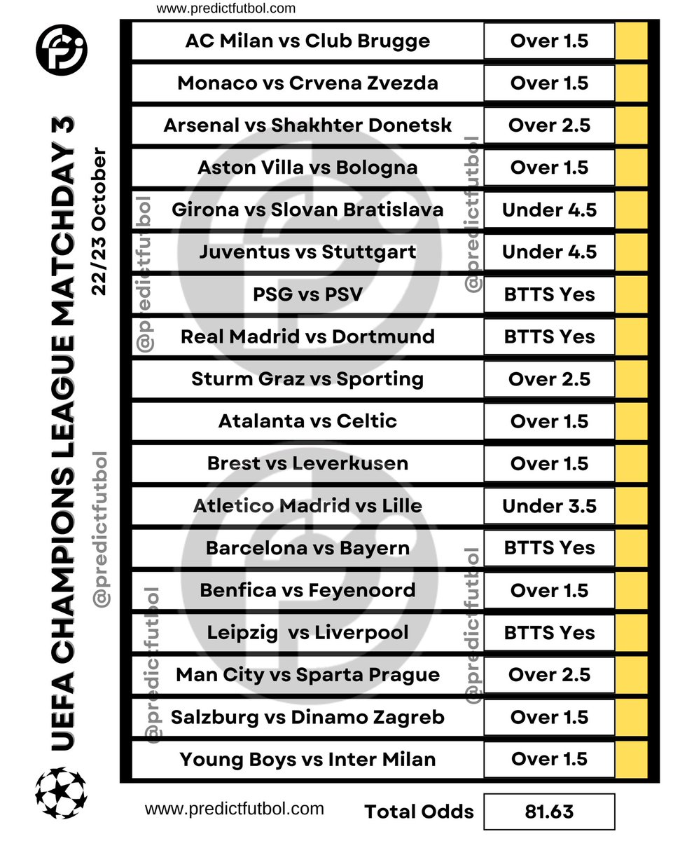 predictfutbol01's tweet photo. UEFA Champions League Matchday 3 Predictions ✅

PARIPESA Booking Code 👉 XM856

Join our telegram channel here 👇
https://t.co/k8cchLGKcZ

Not yet on PARIPESA? Click Here to Register 
👉 https://t.co/WtXcQoGBbb

Register with my promo code PREDICT01 to get 200$ bonus on your first deposit 

✅ We are winning this 18/18 🙏
