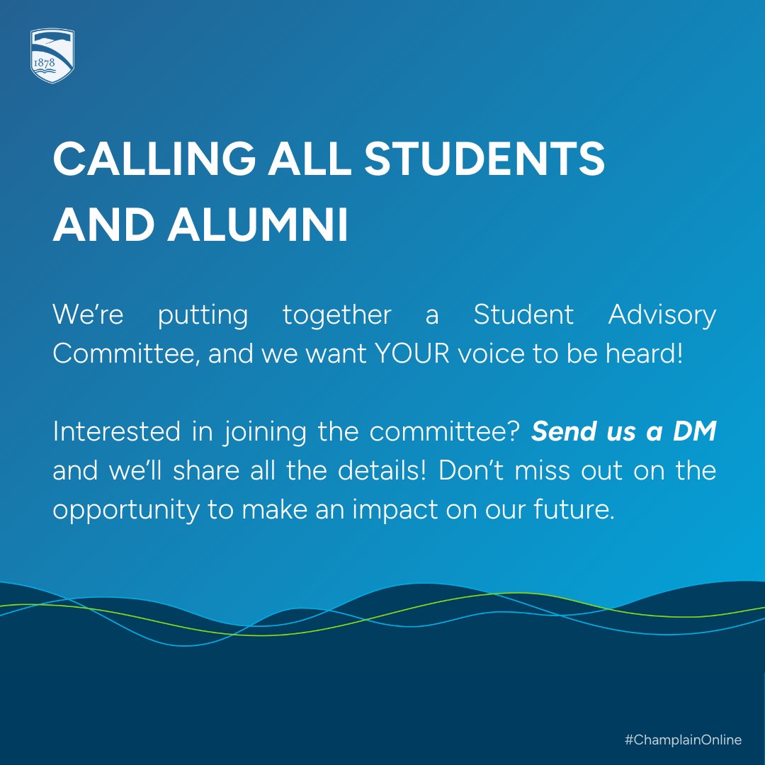 champlainonline's tweet image. 🚀 Calling all students and Alumni! Join our Student Advisory Committee and help shape the future of CCO. Send us a DM if you want to contribute to this important project. Let’s create something amazing together! 🙌

#ChamplainOnline #StudentVoice #ShapeOurFuture #OnlineLearning