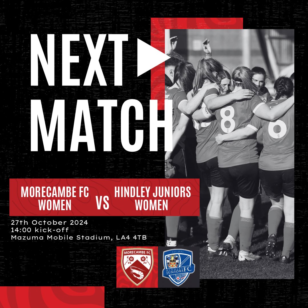 🔜 | We’re back at the Mazuma Mobile Stadium this Sunday! 

🆚 <a href="/HindleyJuniors/">Hindley Juniors FC</a> 
⏰ 14:00 kick-off 
🎟️ Adults - £5, U18’s and <a href="/MorecambeFC/">Morecambe FC</a> season ticket holders - Free

#UTS 🦐 | #MORvHIN