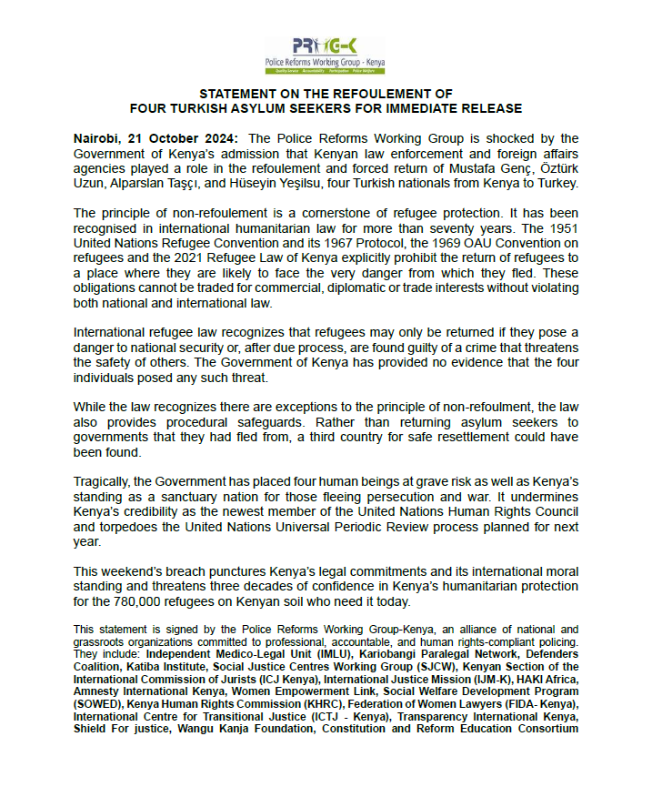 AmnestyKenya's tweet photo. Shocking admission by the Kenyan government on its role in the forced return of 4 Turkish nationals violates the principle of non-refoulement. This undermines Kenya's legal obligations and humanitarian commitments as a @unhrcpr member. https://t.co/s53FbZdUUU https://t.co/RzBGirizl2