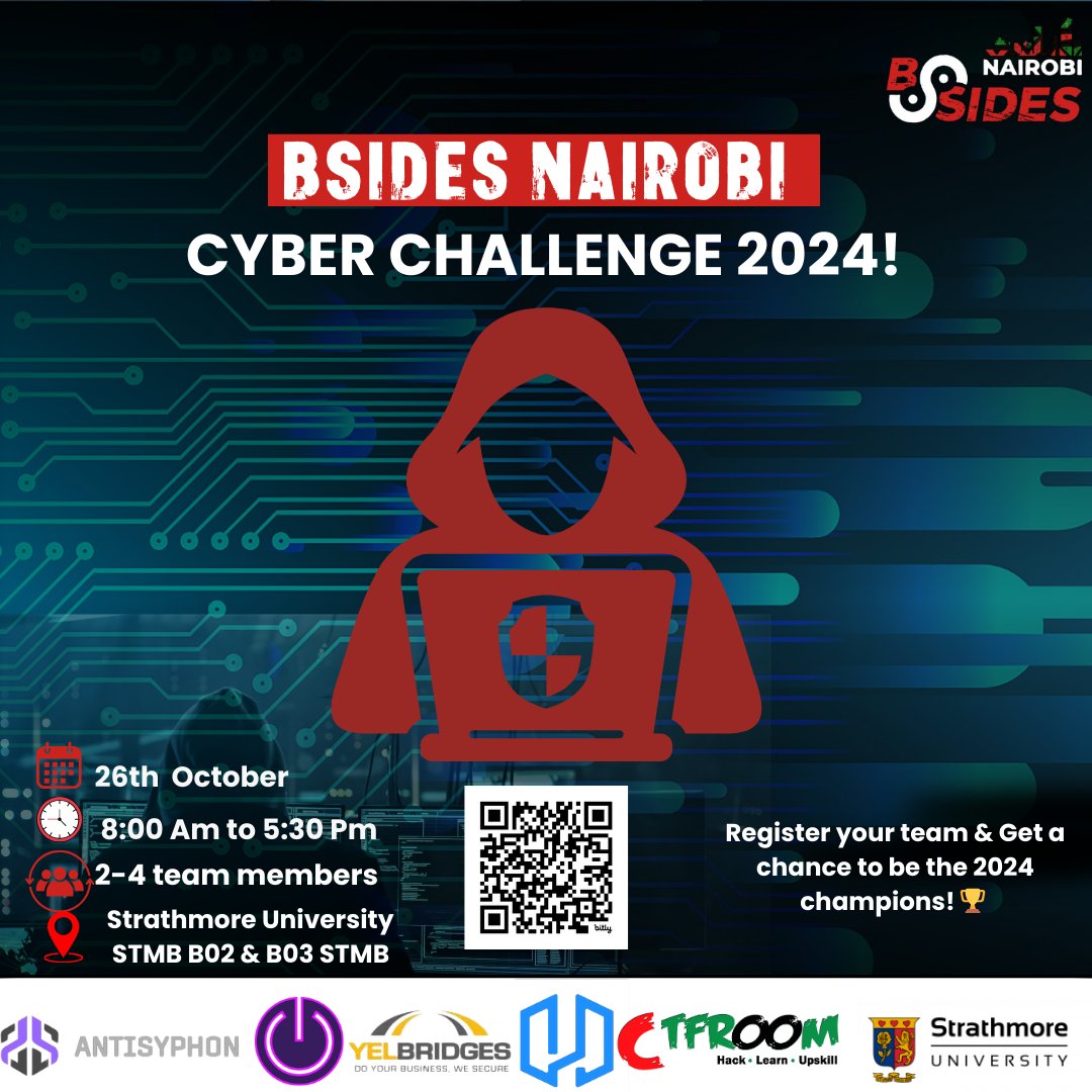 BSidesNairobi's tweet photo. Get ready for the 2024 Cyber Challenge, leading up to the BSides 2024 Conference!
Here’s your chance to hack, learn, and upskill in a day of hands-on cybersecurity action
👉 Register here: https://t.co/eJM4VNlxne
#CyberChallenge2024 #HackTheFuture #CTF2024 #SecureTheNet https://t.co/iWdKRTfEWI