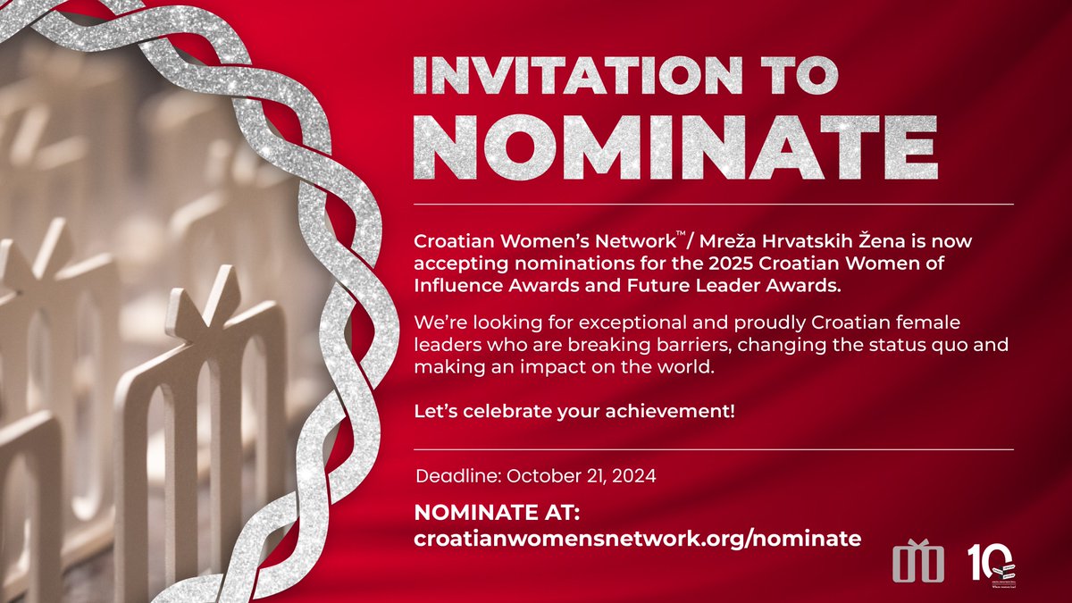 Danas je zadnji dan za nominacije!  It's the last day to nominate a Croatian woman of distinction.  We can't wait to celebrate impactful women in our #CWoI2025 class of laureates. croatianwomensnetwork.org/nominate/ 
#CWN10 #WomencelebratingWomen #CWNLeadingLadies