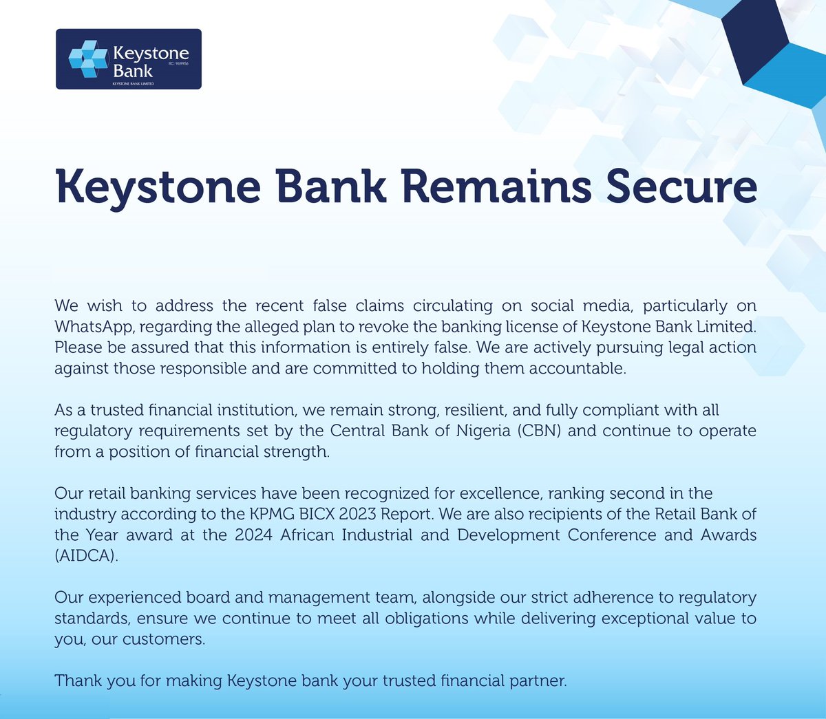 keystonebankng's tweet photo. This is to assure you that Keystone Bank remains secure, reliable, and committed to serving you with excellence. 
Your funds are safe with us, always. https://t.co/8ZFFGVmYlh