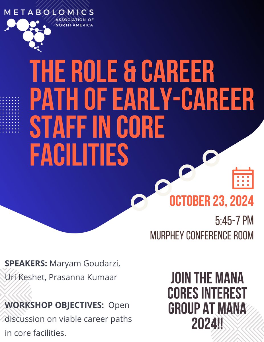 MANA Early Career Members Network (@manaecm) on Twitter photo Interested in learning more about a career in a core facility? The MANA Cores IG will be hosting an interactive workshop for early career scientists at <a href="/MetabolomicsANA/">MetabolomicsANA</a> 2024. This workshop is scheduled for Wednesday, October 23rd at 5:45pm. Interested in learning more about a career in a core facility? The MANA Cores IG will be hosting an interactive workshop for early career scientists at <a href="/MetabolomicsANA/">MetabolomicsANA</a> 2024. This workshop is scheduled for Wednesday, October 23rd at 5:45pm.