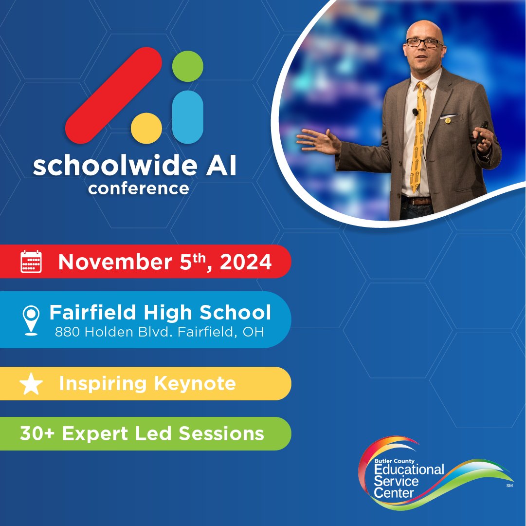ButlerCountyESC's tweet photo. 🚀 Check out our awesome presenter lineup for the Schoolwide AI Conference! Topics include AI in lesson planning, creating your own chatbot, AI ethics, and AI in education vs. corporate from a student’s view. Register now: https://t.co/iXBbnmr5Ai
#SchoolwideAI #Proud2BCESC https://t.co/BzciLMk9dV
