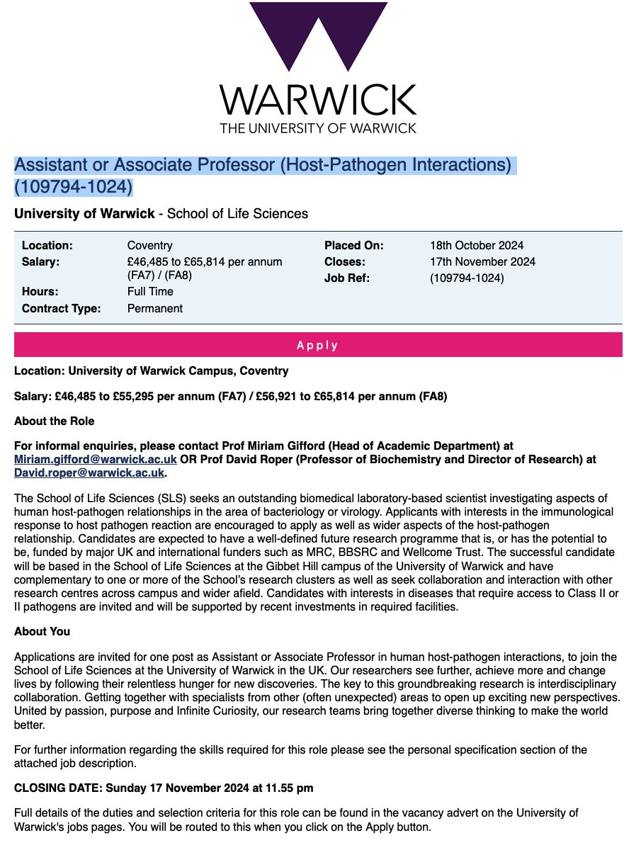 Come work with us: 
Assistant or Associate Professor (Host-Pathogen Interactions) (109794-1024)
jobs.ac.uk/job/DKG435/ass…