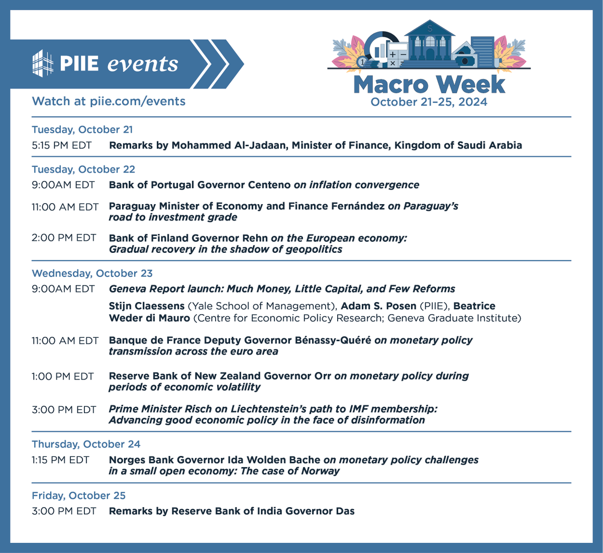 PIIE's tweet image. #MacroWeek2024 starts TODAY!
Tune in for remarks from @MAAljadaan, Saudi Arabia&apos;s Minister of Finance, at 5:15 PM ET to watch live &amp;amp; find the entire Macro Week lineup here:
piie.com/events/2024/ma…