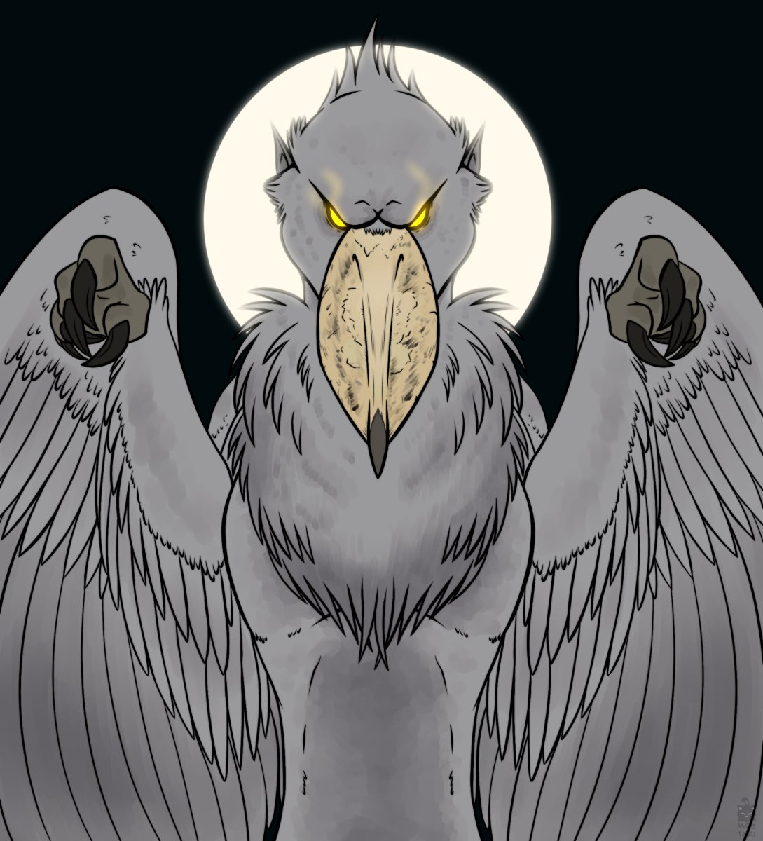 #Weretober2024 prompt is Shoebill!

It looked like just a normal oddly large shoebill before standing up...

Hard to make an all-grey subject look interesting in flats lol I find flats more challenging than shading