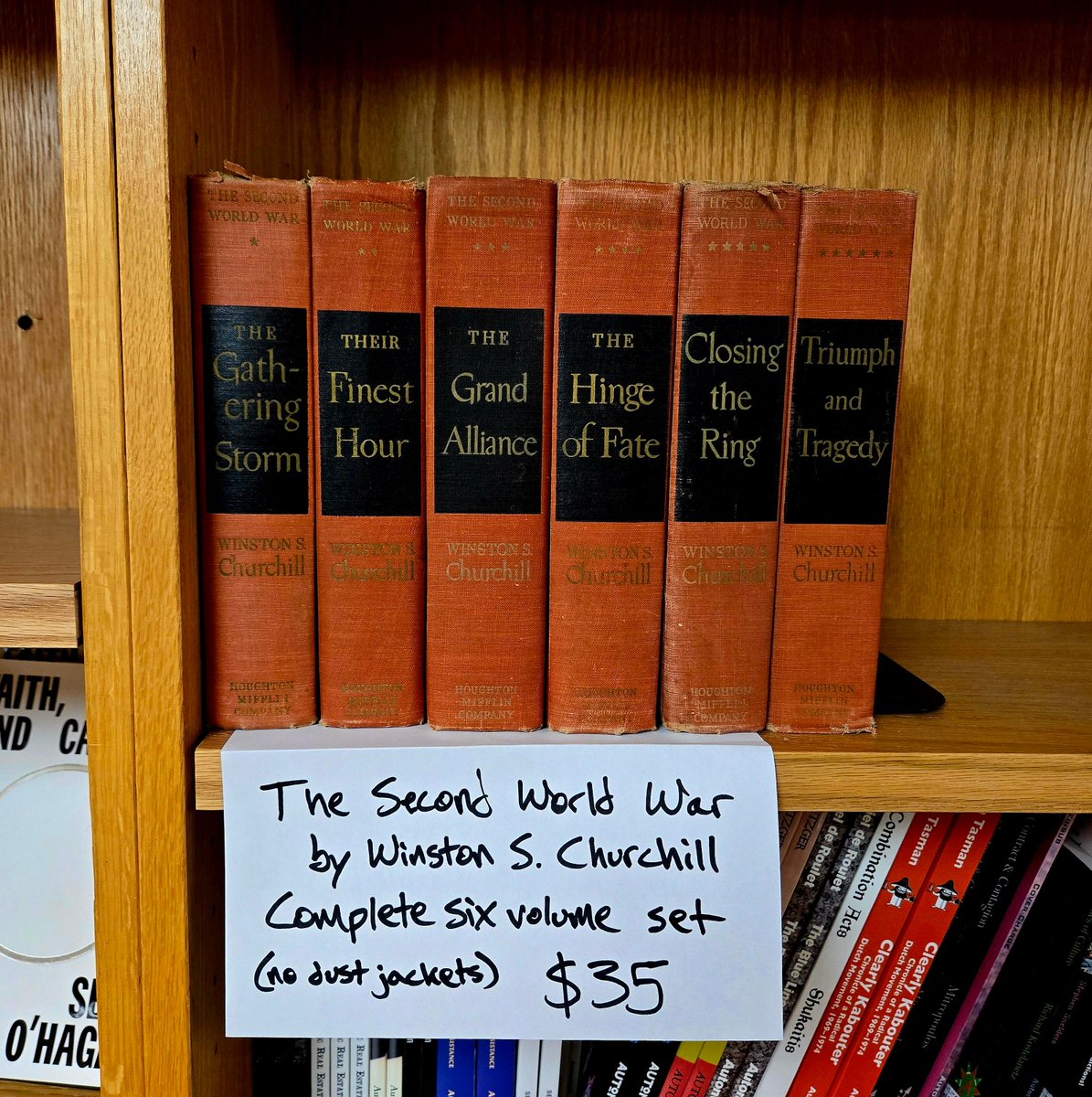 Calling all history nerds: two complete sets of classic histories now up on the shelf. Will and Ariel Durant's A Story of Civilization, 11 volumes plus 2 extra books for $100 (most with dust jackets). Winston Churchill's The Second World War, 6 volumes for $35 (no dust jackets).