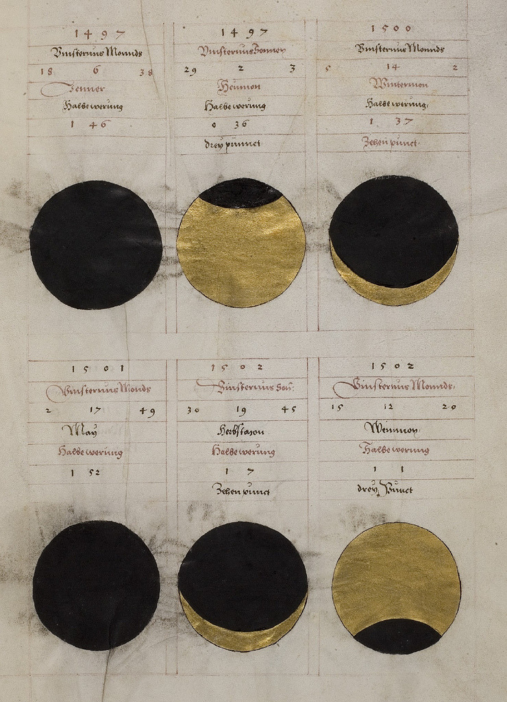 A page depicting phases of the moon from the manuscript titled "Phases of the Moon, Geomantie," part of the Codex Palatinus 833 Germanicus, dated late 15th century. Currently preserved in the collection of the Heidelberg University Library.