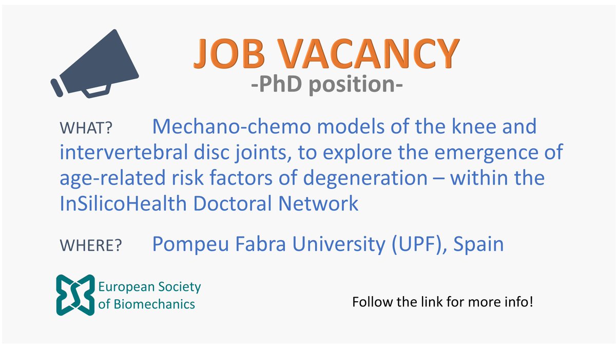 European Society of Biomechanics (@esbiomech) on Twitter photo 📢 PhD Position available within the InSilicoHealth Doctoral Network
more info 👉 esbiomech.org/category/job-o… 📢 PhD Position available within the InSilicoHealth Doctoral Network
more info 👉 esbiomech.org/category/job-o…