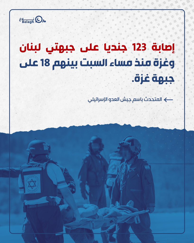 أعلن المتحدث باسم جيش العدو الإسرائيلي عن إصابة 123 جنديا على جبهتي لبنان وغزة منذ مساء السبت بينهم 18 على جبهة غزة.

t.me/balaghmedialb
#منطقة_جبل_عامل_الاولى
#لن_تسقط_لنا_راية
#بلاغ
chat.whatsapp.com/LKbPMMRmzWZL8J…