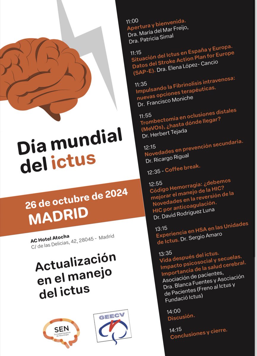 ForoIctusMadrid's tweet photo. El 26 de octubre se celebra en Madrid la jornada científica de “Actualización en el manejo del ictus”, con motivo del Día mundial del ictus. Organizado por @GEECVSEN de la @seneurologia. Imprescindible apuntarse:https://t.co/x1m9cHqCrg https://t.co/A3KkiluOSG