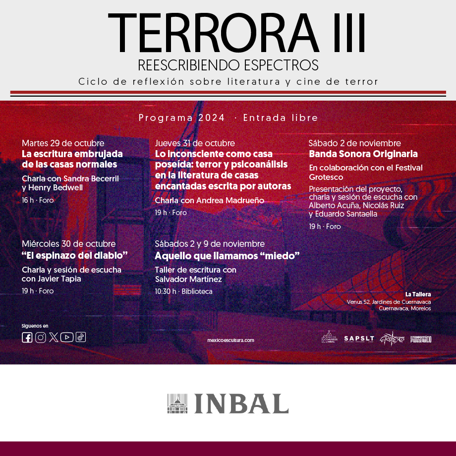 LaTallera's tweet photo. Conoce el programa completo de #TerroraIII. Acompáñanos desde el martes 29 de octubre, a las 16 h. Entrada libre.
Para más información y registro al taller, escribe a: tallera.educacion@inba.gob.mx
#DécimoAniversarioECA
#redmuseosINBAL
@bellasartesinba @redmuseosINBAL https://t.co/sOyunAfH0m