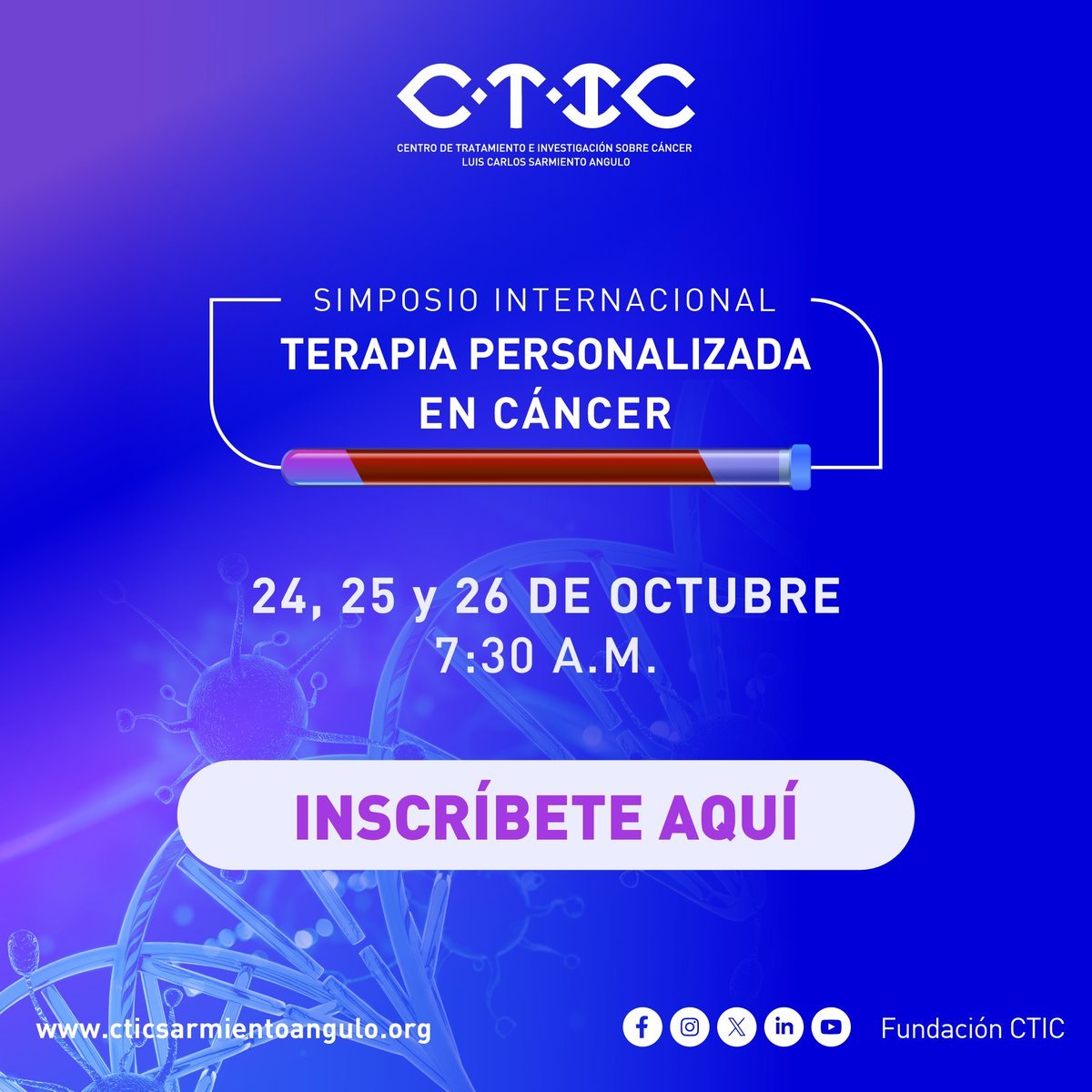 El próximo 24, 25 y 26 de octubre llevaremos a cabo el Simposio Internacional sobre Terapia Personalizada en Cáncer en el CTIC, un espacio gratuito dirigido a la comunidad médica local y regional. Los invitamos a inscribirse en el siguiente link personalizadoencancerctic.com