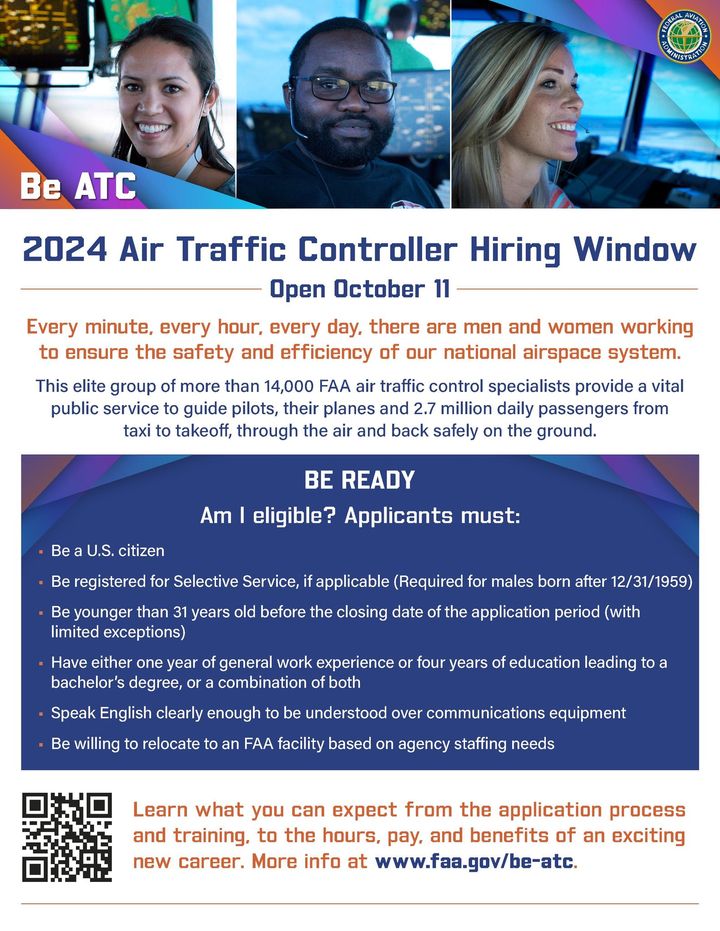 Have you ever wanted to become a FAA Air Traffic Controller? A hiring window is now open for those interested in applying for an ATC position. Please see flyer details.... dlvr.it/TFZVzh #WestfieldMA #WestfieldBarnesRegionalAirport