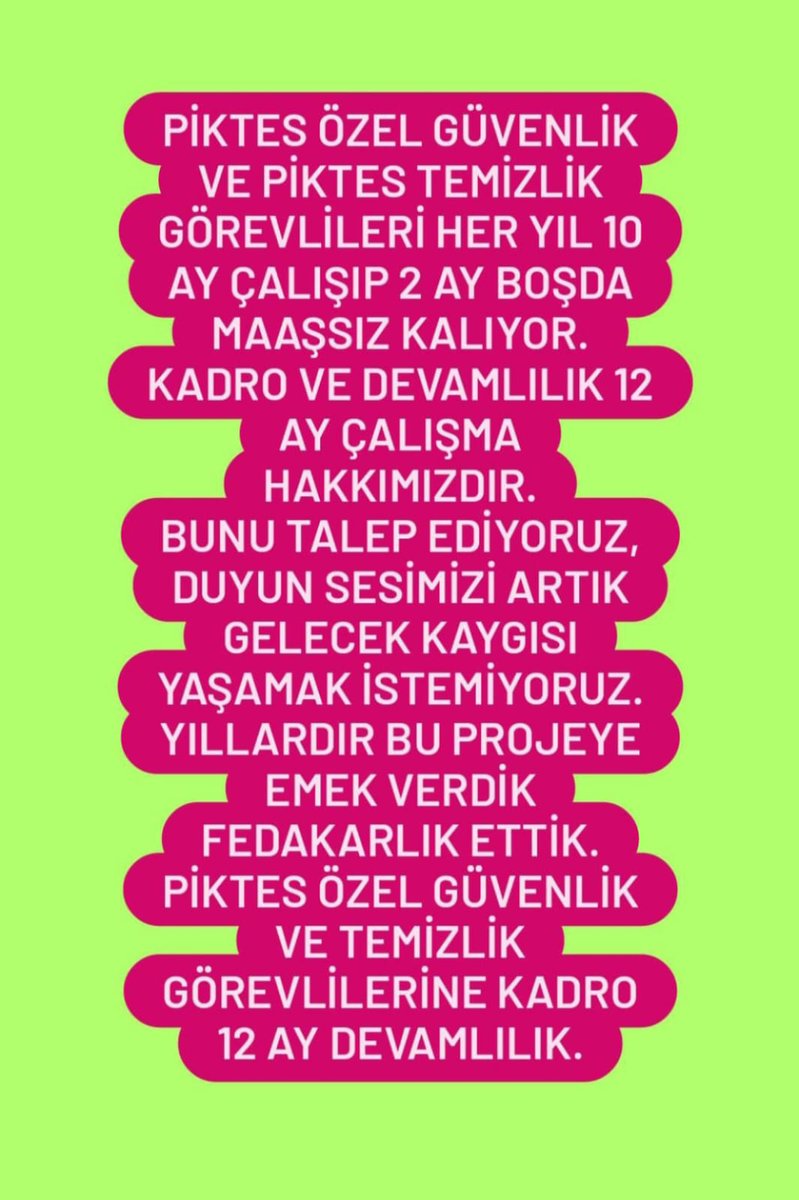 #Piktes Özel #Güvenlik Ve #Temizlik görevlileri kadro 12 ay devamlılık istiyor.
Bu projeye yıllardır emek verdiler.
<a href="/Yusuf__Tekin/">Yusuf Tekin</a> <a href="/cengizmete/">Cengiz Mete</a> <a href="/CelileErenOKTEN/">Celile Eren ÖKTEN</a> <a href="/mebhbogm/">MEB Hayat Boyu Öğrenme Genel Müdürlüğü</a> <a href="/chnkvnc/">Cihan KIVANÇ</a> @Piktes2Projesi <a href="/EUDelegationTur/">AB Türkiye Delegasyonu🇪🇺EU Delegation to Türkiye</a> <a href="/tcmeb/">Millî Eğitim Bakanlığı</a> <a href="/mebpersonel/">MEB Personel</a>