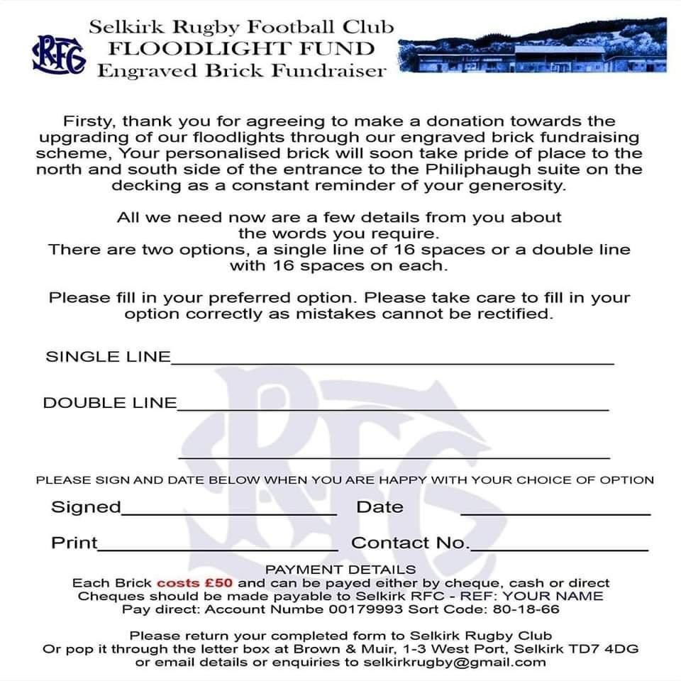 SelkirkRFCInfo's tweet photo. 1/2 Selkirk Rugby Club are looking to raise money to upgrade our floodlights. To start us off we are giving you the chance to buy a personalised brick to take pride of place on the north or south side of the entrance to the Philiphaugh suite. https://t.co/5nkrcemArK