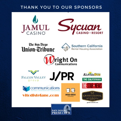 sdpressclub's tweet photo. We couldn't host our journalism awards without the wonderful sponsors who support us in highlighting the best in our industry. Thank you to each and every one of you. Your generosity is greatly appreciated. Tickets to the event here: https://t.co/DAhbO3hBcz https://t.co/40FnubViIc