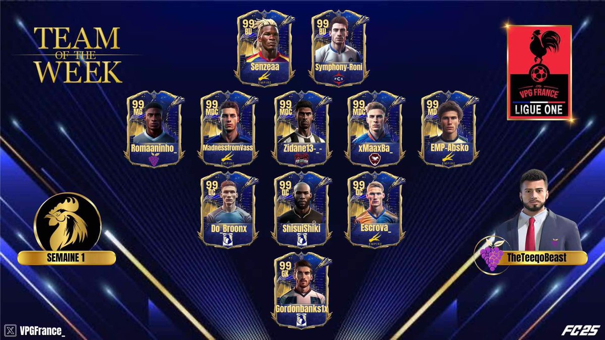 • VPG France

👤 Team of the week 
🏆 Ligue 1
🗓️ Semaine 1

Félicitations aux nominés !