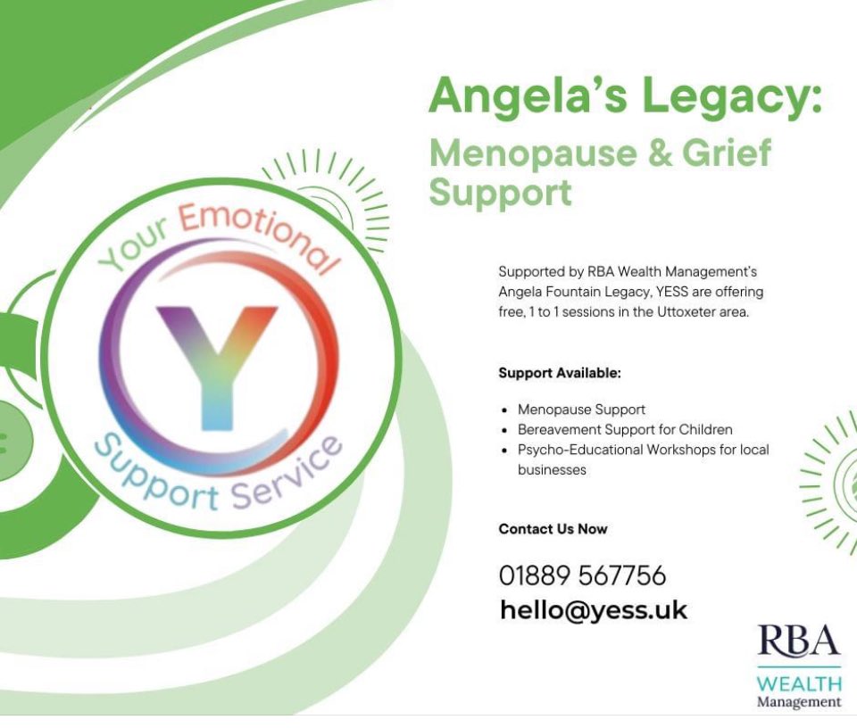 This amazing free service is open to anyone of any age living in Uttoxeter.

Referral forms are on our website, or alternatively for more information please call 01889 567756 or email hello@yess.uk

#WorldMenopauseDay #WorldMenopauseDay2024 #menopausesupport #bereavementsupport