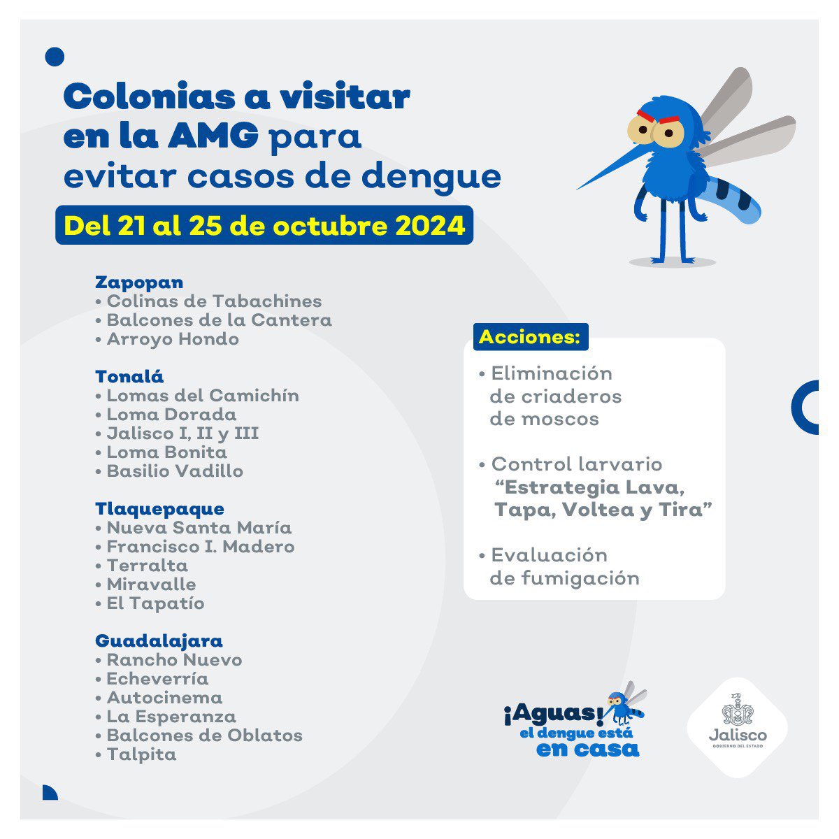 Info3Gdl's tweet photo. #TomaNota 
Estas son las colonias de la #ZMG donde acudirá la Secretaría de Salud #Jalisco @saludjalisco para realizar trabajos de esterilización para evitar más casos de #Dengue https://t.co/VREvXxqHzY