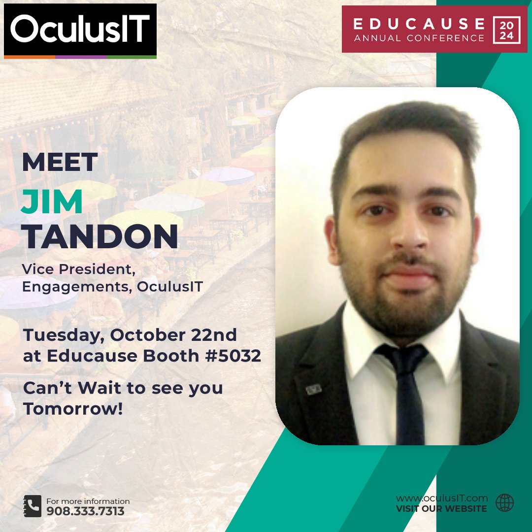 OculusIT's tweet photo. Jim Tandon, VP of Engagements at OculusIT, is gearing up for EDUCAUSE 2024 tomorrow, October 22, at booth #5032! 

He’s excited to connect with you all and share ideas and innovative IT strategies in higher education.

#EDUCAUSE2024 #HigherEducation #Innovation https://t.co/aiffg6GctC