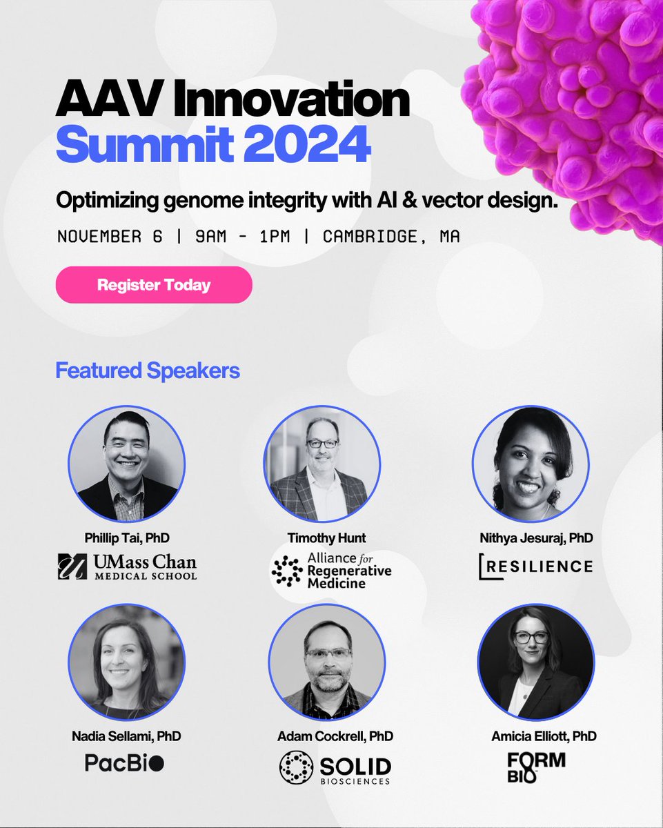 Form Bio (@form_bio) on Twitter photo Calling all Boston-based #genetherapy professionals. Join the #AAV Innovation Summit 2024 to explore cutting-edge advancements in optimizing genome integrity through #AI & vector design. Speakers: <a href="/alliancerm/">Alliance for Regenerative Medicine (ARM)</a> <a href="/UMassChan/">UMass Chan Medical School</a> <a href="/PacBio/">PacBio</a> <a href="/IncResilience/">Resilience</a> <a href="/Solid_Bio/">Solid Biosciences</a> hubs.li/Q02Vb54j0 Calling all Boston-based #genetherapy professionals. Join the #AAV Innovation Summit 2024 to explore cutting-edge advancements in optimizing genome integrity through #AI & vector design. Speakers: <a href="/alliancerm/">Alliance for Regenerative Medicine (ARM)</a> <a href="/UMassChan/">UMass Chan Medical School</a> <a href="/PacBio/">PacBio</a> <a href="/IncResilience/">Resilience</a> <a href="/Solid_Bio/">Solid Biosciences</a> hubs.li/Q02Vb54j0