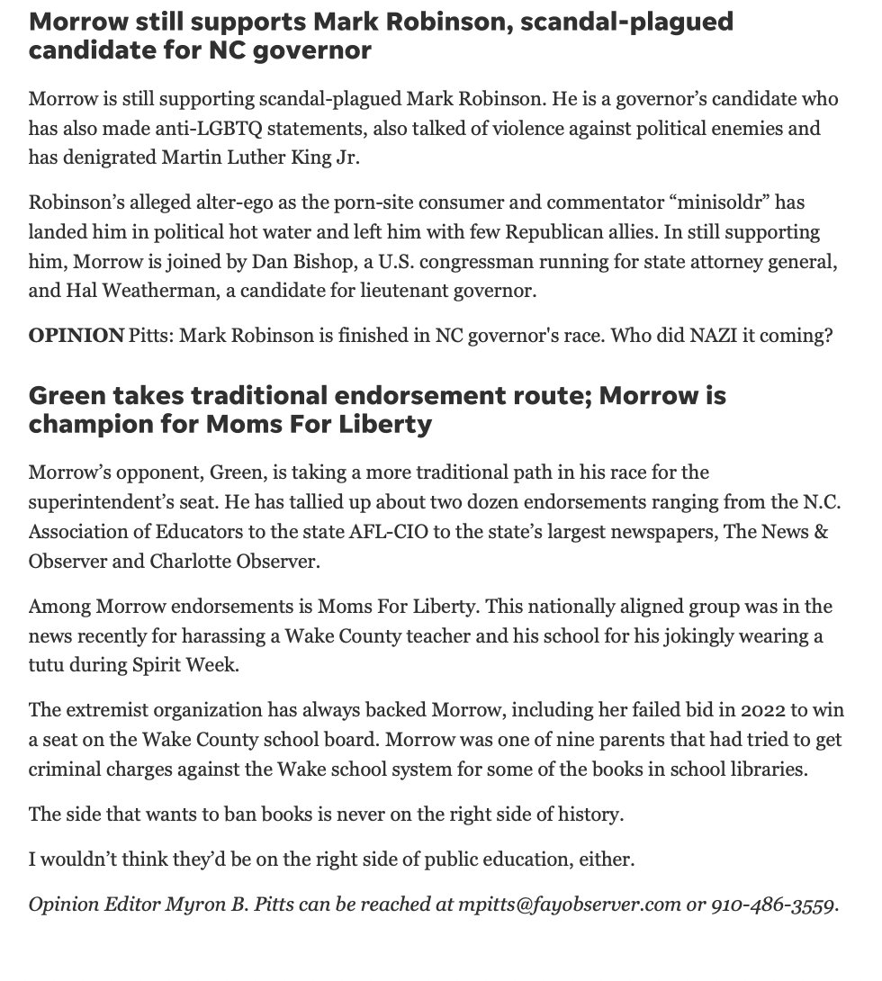 In today's <a href="/fayobserver/">The Fayetteville Observer</a>: "Opinion: Morrow wants to lead NC schools but still traffics in violent words, intolerance"

🖊️By Myron B. Pitts

fayobserver.com/story/opinion/…