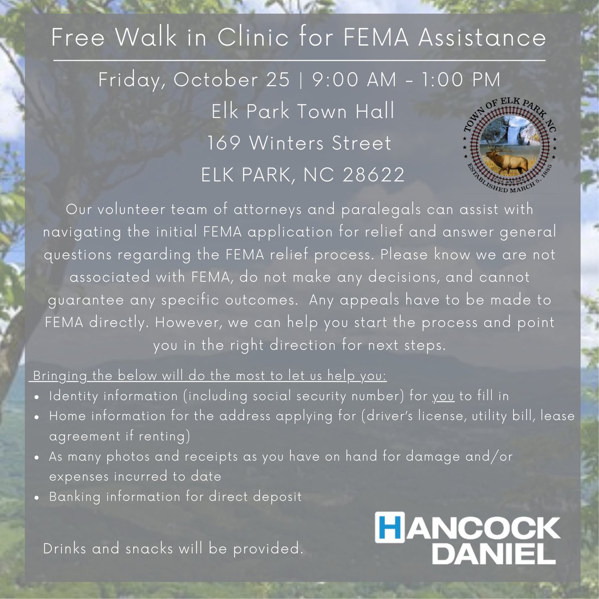 In the wake of recent storms that have impacted our clients, colleagues, and friends, our volunteer team of attorneys and paralegals will be at the Elk Park Town Hall on Friday. They can assist with navigating the initial FEMA application for relief and answer general questions.
