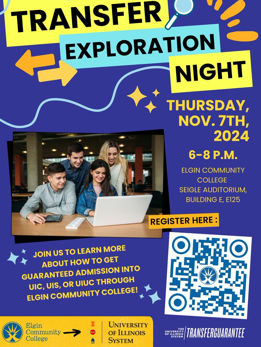Attention Seniors - Are you interested in attending UIUC, UIC, or UIS? If so, ECC is hosting a Transfer Exploration Night night on Thursday, November 7th from 6 to 8 PM. 

For more information visit: elgin.edu/admissions/vis…