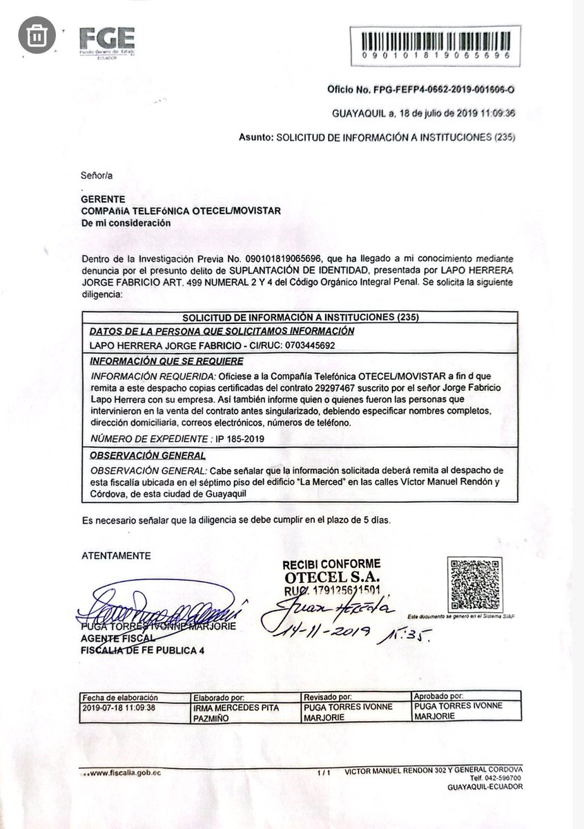 La delincuencia actúa a todo nivel nunca he firmado un contrato en <a href="/MovistarEC/">Movistar Ecuador</a> pero me quieren cobrar una deuda, solicité el contrato por fiscalía para la pericia correspondiente pero hasta la fecha NO entregan, solo llaman a cobrar <a href="/Telecom_Ec/">Ministerio de Telecomunicaciones Ecuador 🇪🇨</a> <a href="/FiscaliaEcuador/">Fiscalía Ecuador</a>