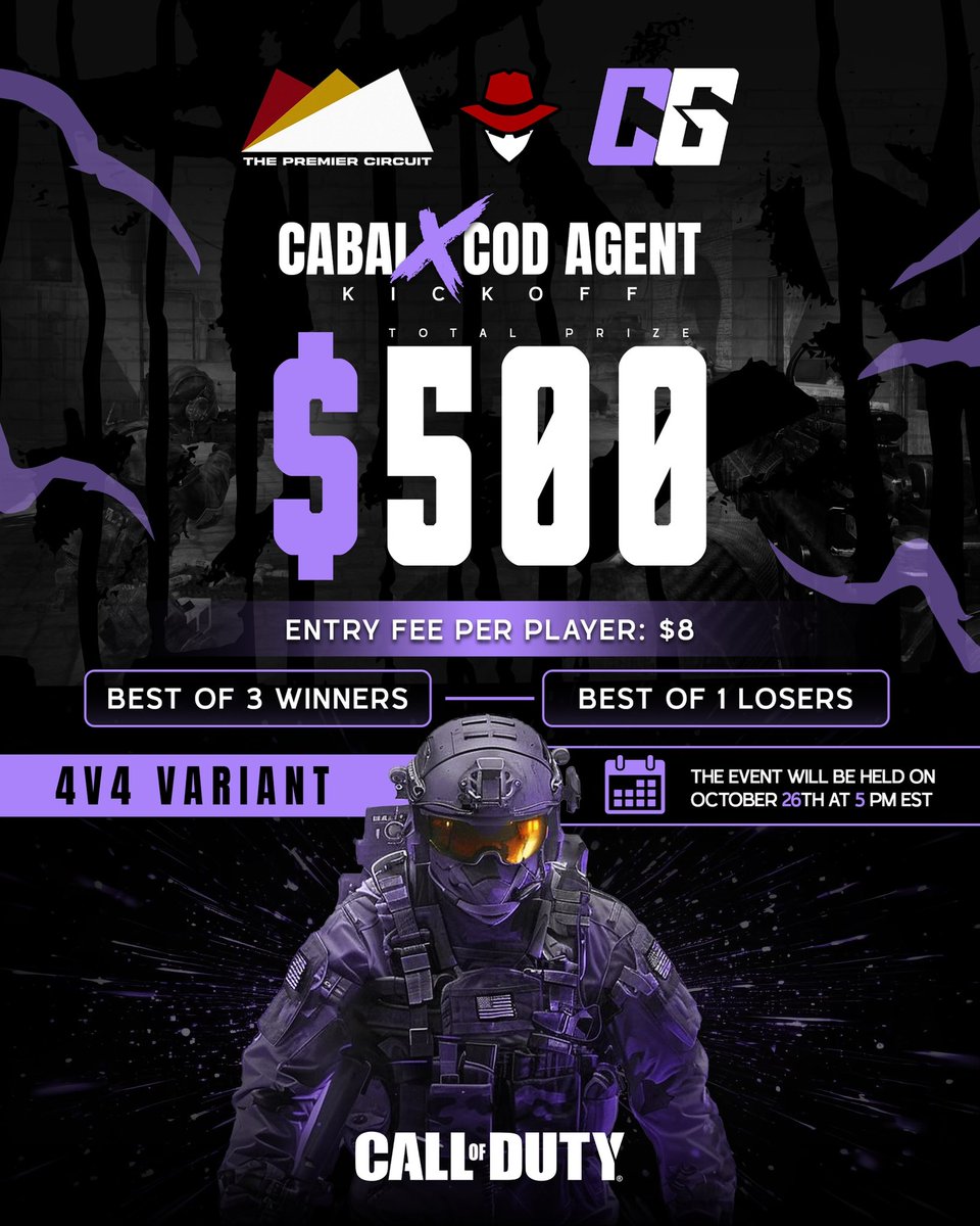 TPCircuit's tweet photo. 🔥 @CABALGGs x CodAgent Kickoff 

🗓️ Saturday 5PM EST 

🔗 Sign up: https://t.co/nEsSxDDp6E

💰 $500 GTD 

⚔️ Black Op6 Variant Double Elim https://t.co/yA8GJzdMTc