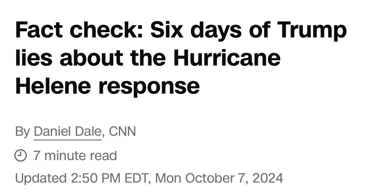 Can’t stop won’t stop. Fact check on Trump’s lies about FEMA and the hurricane response here: cnn.com/2024/10/06/pol…