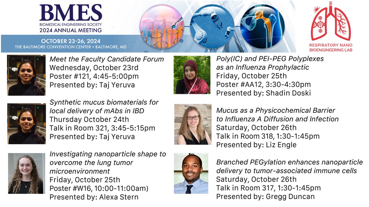 Gregg Duncan (@greggaduncan) on Twitter photo Excited to welcome everyone to Baltimore this week for #BMES2024! We will be sharing our latest in the biomaterials, drug delivery, and infectious disease sessions. All-star postdoc <a href="/TajYeruva/">Taj Yeruva</a> will also be presenting in the Meet the Faculty Candidate Forum. See you there! Excited to welcome everyone to Baltimore this week for #BMES2024! We will be sharing our latest in the biomaterials, drug delivery, and infectious disease sessions. All-star postdoc <a href="/TajYeruva/">Taj Yeruva</a> will also be presenting in the Meet the Faculty Candidate Forum. See you there!