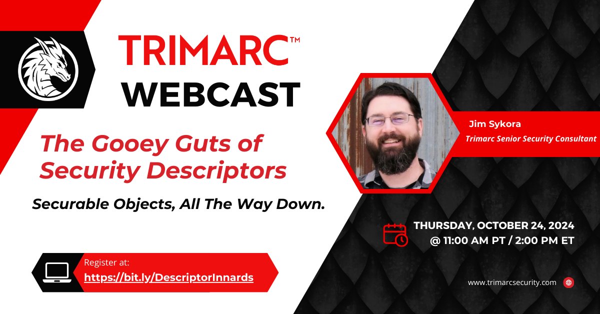 Trimarc (@trimarcsecurity) on Twitter photo When it comes to Active Directory Security Descriptors, ignorance is NOT bliss...
it can be a full-on SLASHER FLICK of misconfigurations 🔪
This Thursday, <a href="/JimSycurity/">Jim Sykora</a> shares insights we've learned across thousands of AD & Entra ID security assessments -- Tips that can arm you When it comes to Active Directory Security Descriptors, ignorance is NOT bliss...
it can be a full-on SLASHER FLICK of misconfigurations 🔪
This Thursday, <a href="/JimSycurity/">Jim Sykora</a> shares insights we've learned across thousands of AD & Entra ID security assessments -- Tips that can arm you