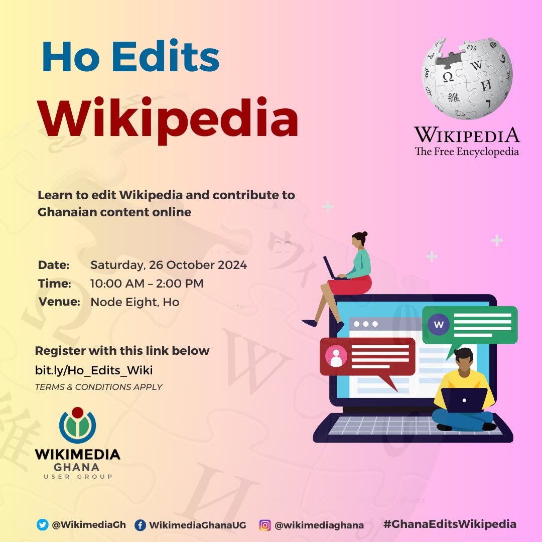 AccraDigiDigest's tweet photo. Join the Wikipedia Editing Training in Ho!

This Sat, Oct 26 from 10AM-2PM @NodeEight

Learn Wikipedia editing, article creation, &amp; contribute to filling knowledge gaps. 

Register now https://t.co/ZVyZkrUNYq

#WikipediaTraining #DigitalLiteracy #AccraDigitalDigest @WikimediaGH https://t.co/SiyVgCYgKz