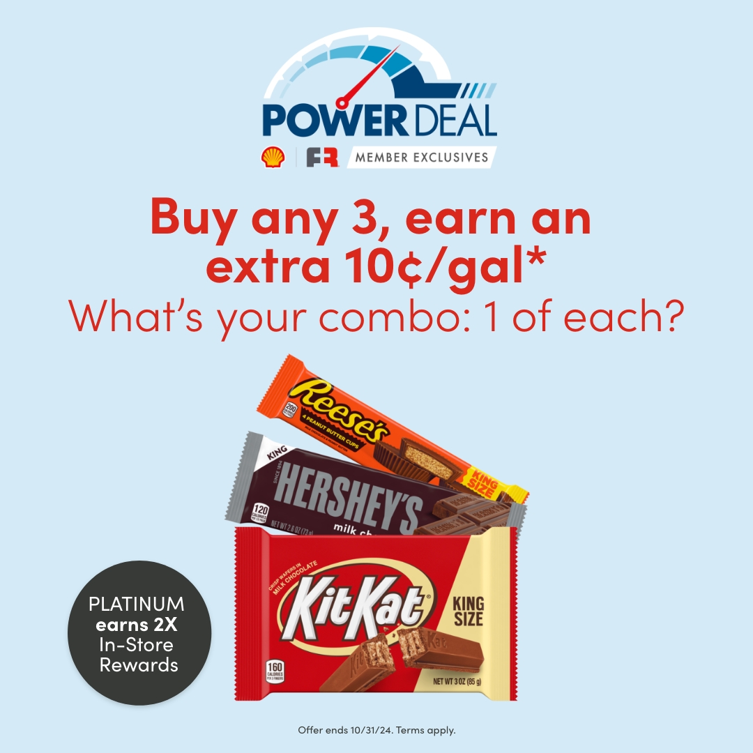 🎃 🍫 Your sweet tooth doesn't have to wait until #Halloween! Buy any (3) Hershey’s, Kit Kat, or Reese’s King Size bars in-store at participating Shell stations &amp; earn an extra 10¢/gal to use at the pump. Details: bit.ly/3XPEAZd