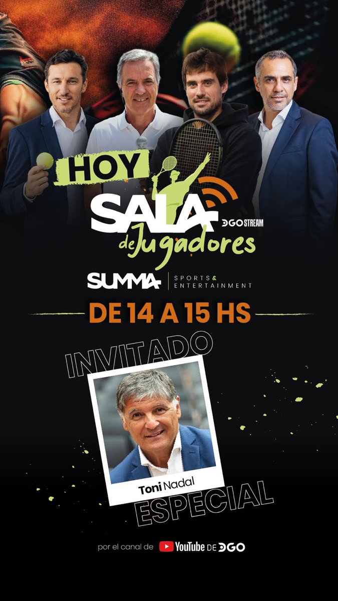En un ratito se viene el gran Tony Nadal a la sala de jugadores. 
Que te gustaría preguntarle ? 

Les dejo el link para verla en vivo: 

youtube.com/@dgo_latam?si=…