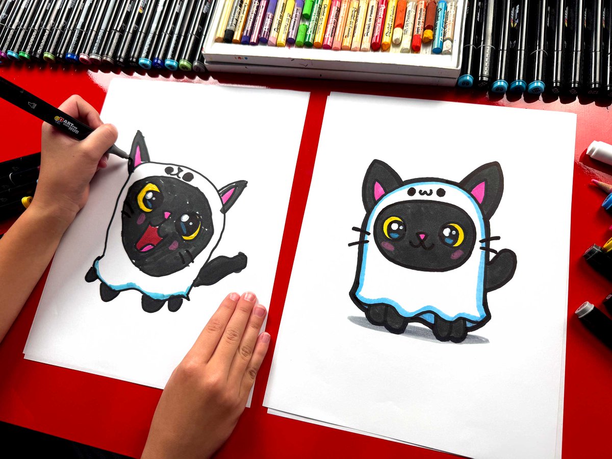 👻🐱 Get ready for a spooky and adorable Halloween art lesson! Today, we're combining a black cat with a ghost costume! Join us as we teach you how to draw a Black Cat Ghost—a cute black cat wearing a ghost costume with a hole cut out for its face. 
youtu.be/TCOECFyHzT0