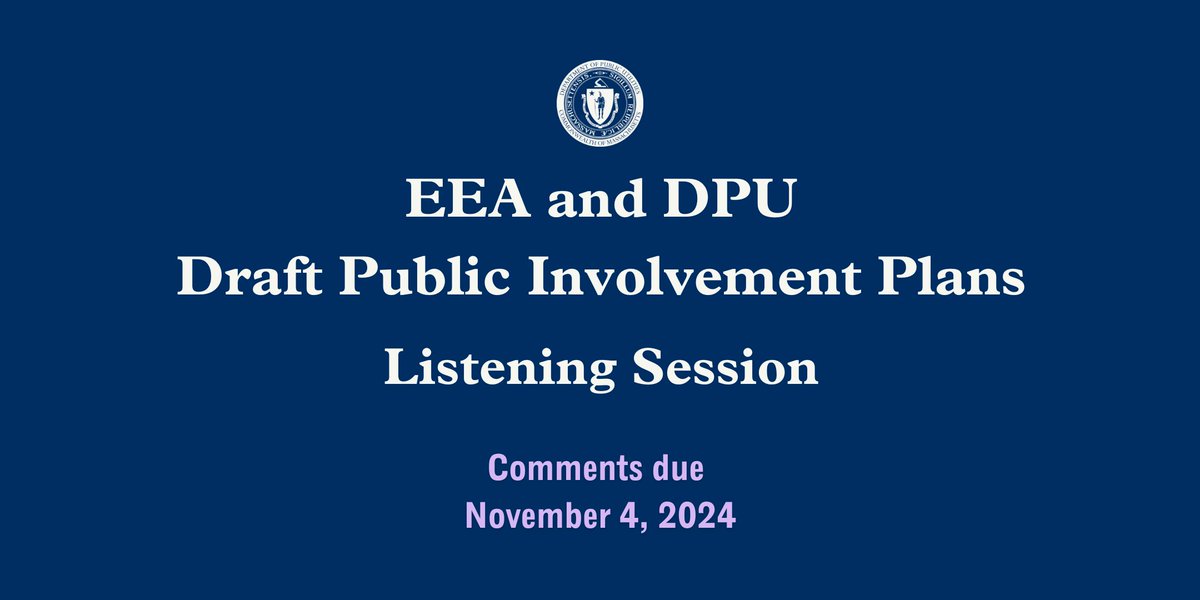 Massachusetts Department of Public Utilities (@mass_dpu) on Twitter photo 🧵🗓️RSVP: In-Person listening session for <a href="/MassEEA/">Massachusetts Energy and Environmental Affairs</a> & DPU draft Public Involvement Plans is on 10/29 at 6pm at Lynn Community College. Provide feedback that can help to conduct meaningful public involvement and community engagement. eventbrite.com/e/in-person-li…
Translations below⬇️ 🧵🗓️RSVP: In-Person listening session for <a href="/MassEEA/">Massachusetts Energy and Environmental Affairs</a> & DPU draft Public Involvement Plans is on 10/29 at 6pm at Lynn Community College. Provide feedback that can help to conduct meaningful public involvement and community engagement. eventbrite.com/e/in-person-li…
Translations below⬇️