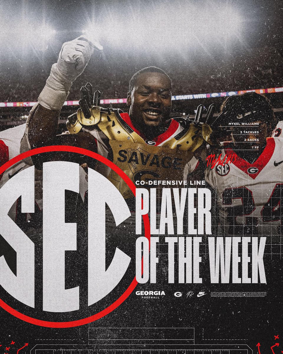 𝗦𝗘𝗖 𝗖𝗼-𝗗𝗲𝗳𝗲𝗻𝘀𝗶𝘃𝗲 𝗟𝗶𝗻𝗲 𝗣𝗹𝗮𝘆𝗲𝗿 𝗼𝗳 𝘁𝗵𝗲 𝗪𝗲𝗲𝗸

Mykel Williams <a href="/MykelWilliams_/">Mykel Williams</a> 

#GoDawgs