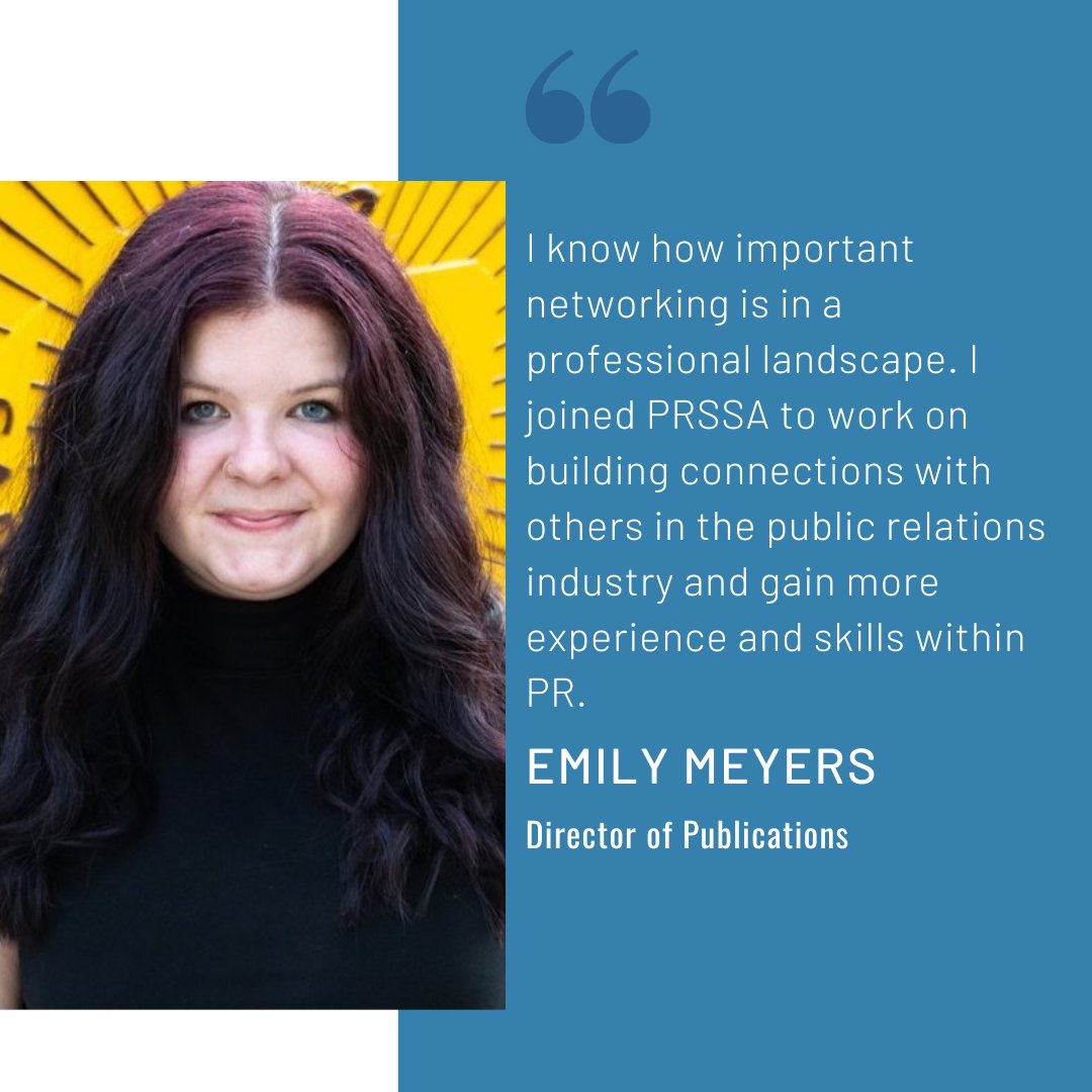 Meet Emily Meyers, our Director of Publications! Emily is a senior and is majoring in IPR with minors in communication and broadcast cinematic arts.

#cmuprssa #prpros
