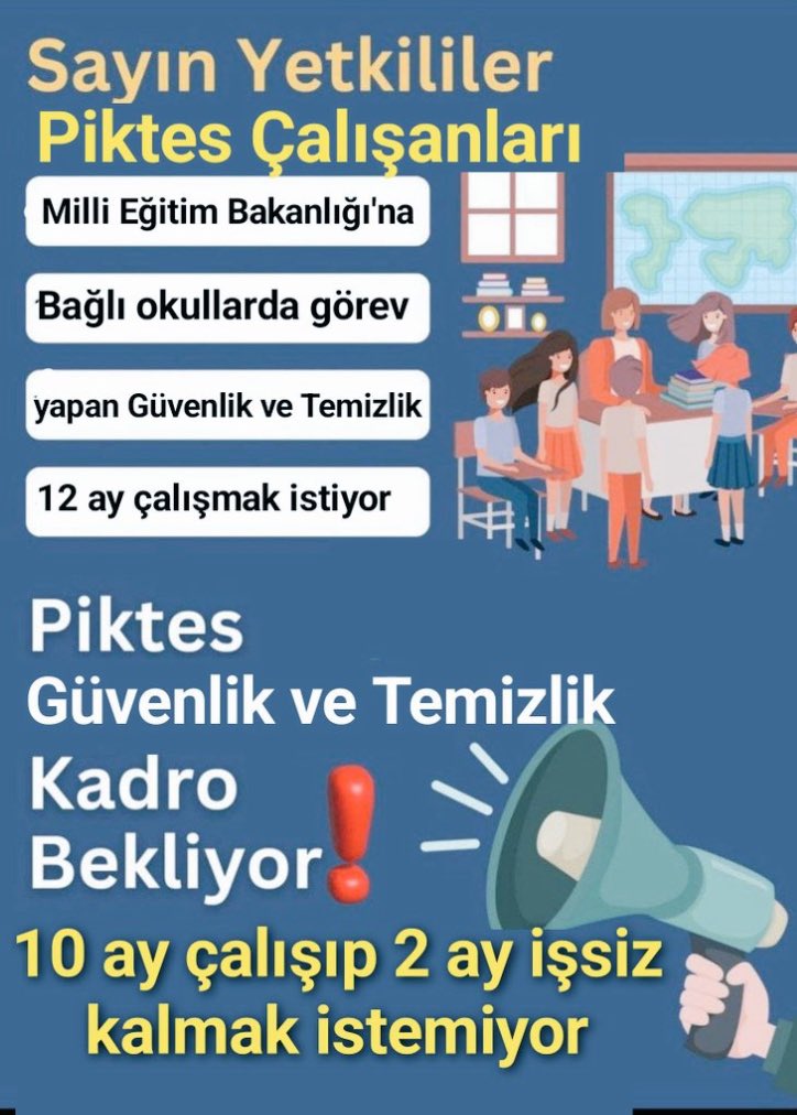 #Piktes Özel güvenlik görevlileri ve Temizlik görevlileri kadro 12 ay devamlılık istiyor.
Projeye yıllardır emek verdik artık kadro almak hakkımız.
<a href="/Yusuf__Tekin/">Yusuf Tekin</a> <a href="/cengizmete/">Cengiz Mete</a> <a href="/CelileErenOKTEN/">Celile Eren ÖKTEN</a> <a href="/mebhbogm/">MEB Hayat Boyu Öğrenme Genel Müdürlüğü</a> <a href="/chnkvnc/">Cihan KIVANÇ</a> @Piktes2Projesi <a href="/EUDelegationTur/">AB Türkiye Delegasyonu🇪🇺EU Delegation to Türkiye</a> <a href="/tcmeb/">Millî Eğitim Bakanlığı</a> <a href="/mebpersonel/">MEB Personel</a>
<a href="/alemdareyup/">Eyüp Alemdar</a>
