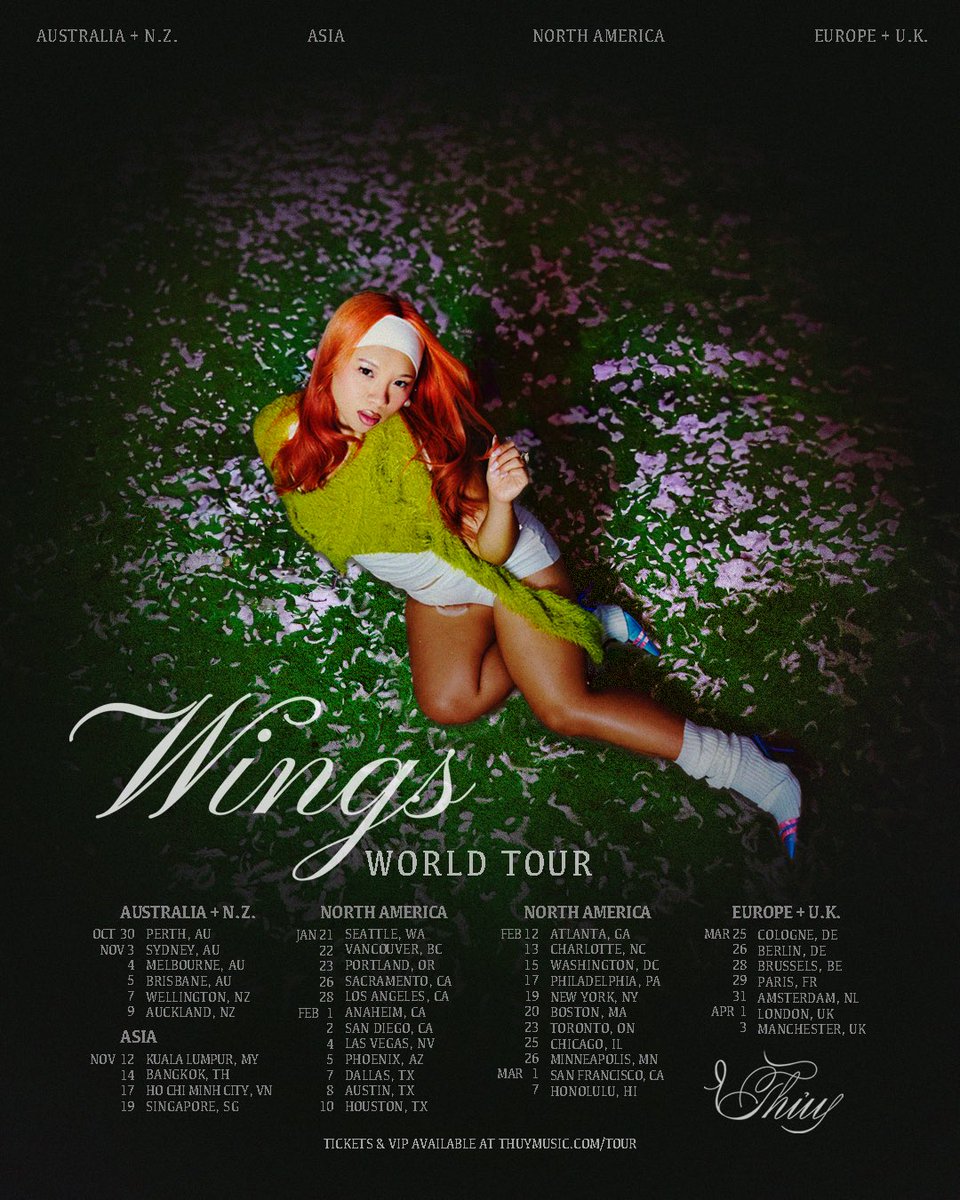 thuymusic_'s tweet photo. ‘wings’ WORLD TOUR COMING TO A CITY NEAR U!! i am so so excited to come back to my day one cities and a couple new ones!! WHO’S READY!🪽

Tickets on sale Friday, 10/25 10am local time!

FOR MY EARLY TWEETYBIRDS 🐣: Access tickets &amp; VIP packages THIS WEDNESDAY. 

RSVP link in bio! https://t.co/FrOQ7OJO5F