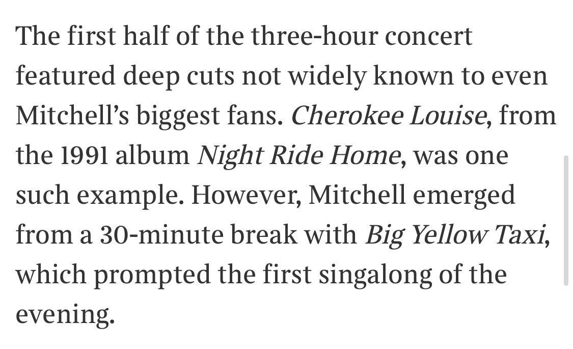 boxofboom's tweet photo. @timesculture @KeiranSouthern @KeiranSouthern these comments about the first set were strange and inaccurate. It featured Carey (the first singalong of the night) and Both Sides Now, plus Coyote and Hejira. even pretty casual Joni fans know those songs https://t.co/FhHWrUtE5Y