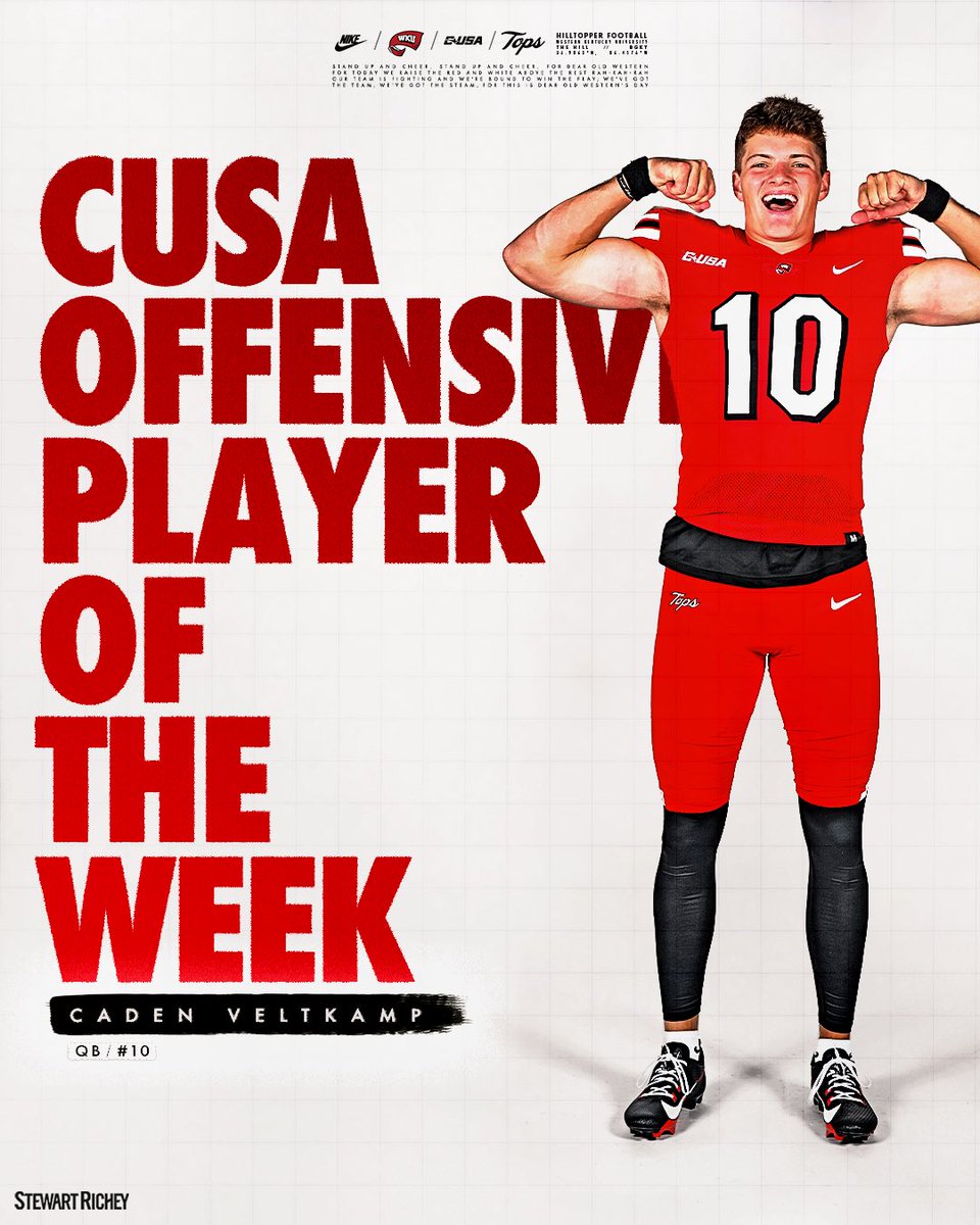 WKU Football (@wkufootball) on Twitter photo CUSA Offensive Player of the Week 🌟
🎯 20/29
🎯 298 Total Yards
🎯 4 Total TDs
<a href="/crveltkamp/">Caden Veltkamp</a> | <a href="/ConferenceUSA/">Conference USA</a> CUSA Offensive Player of the Week 🌟
🎯 20/29
🎯 298 Total Yards
🎯 4 Total TDs
<a href="/crveltkamp/">Caden Veltkamp</a> | <a href="/ConferenceUSA/">Conference USA</a>