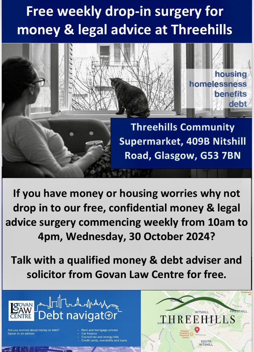 Govan Law Centre (@govanlawcentre) on Twitter photo Our new drop in surgery for money, debt & legal advice starts every Wednesday from 30th October 2024 with <a href="/GoodFoodScot/">Good Food Scotland</a> at Threehills Community Supermarket in Nitshill, Glasgow. From 10am to 4pm. Our new drop in surgery for money, debt & legal advice starts every Wednesday from 30th October 2024 with <a href="/GoodFoodScot/">Good Food Scotland</a> at Threehills Community Supermarket in Nitshill, Glasgow. From 10am to 4pm.