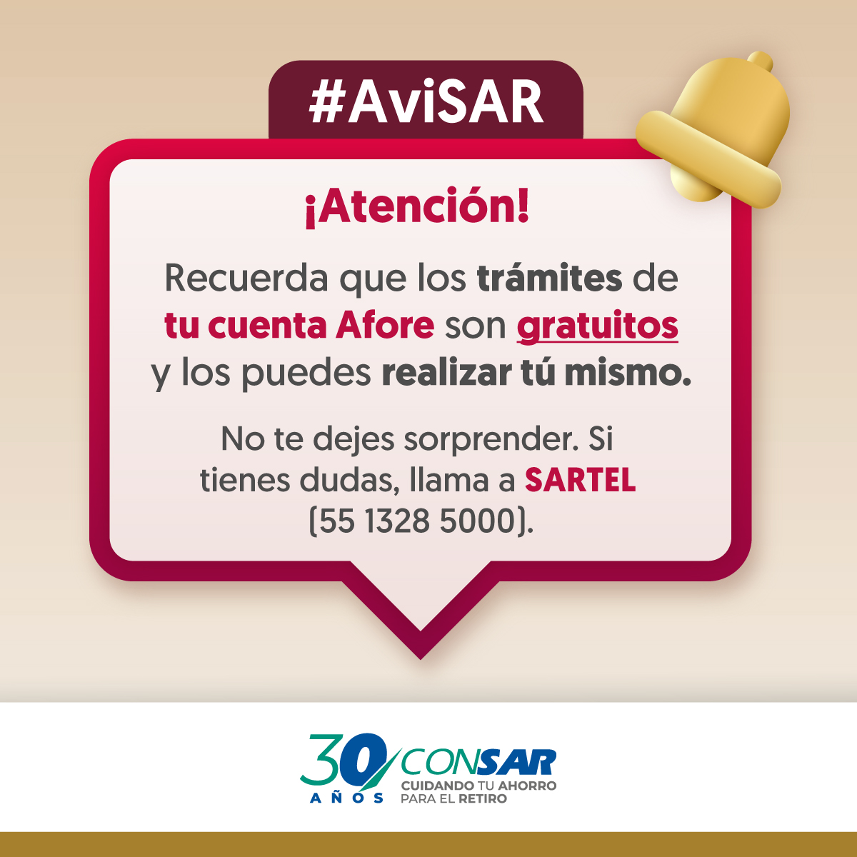 CONSAR_mx's tweet photo. ¡No lo olvides! 😯 La línea telefónica ☎️ #SARTEL está para ayudarte con los trámites de tu cuenta #Afore.
#AviSAR https://t.co/cbbWtgxxnH